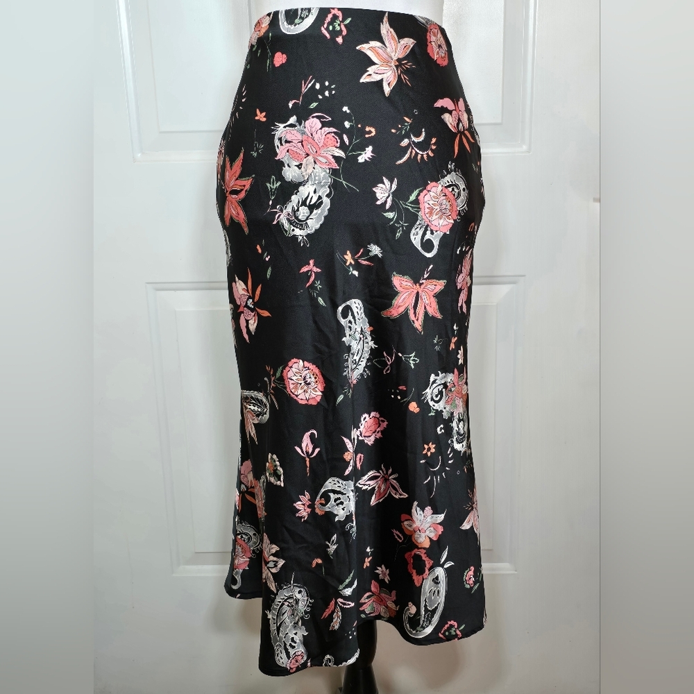 French Kiss Floral Paisley Black Midi Skirt Small